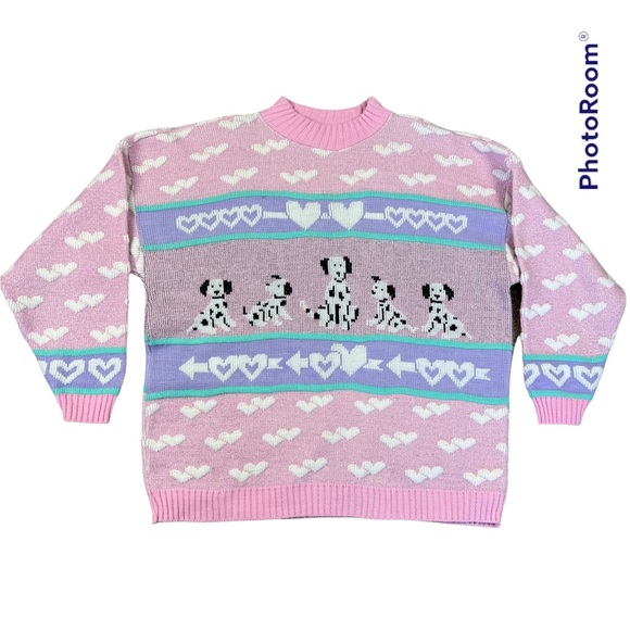 Adele Sweaters - Vtg Dalmation Dog Sweater Fairy Kei Kawaii Metallic Pastel Hearts Size XL